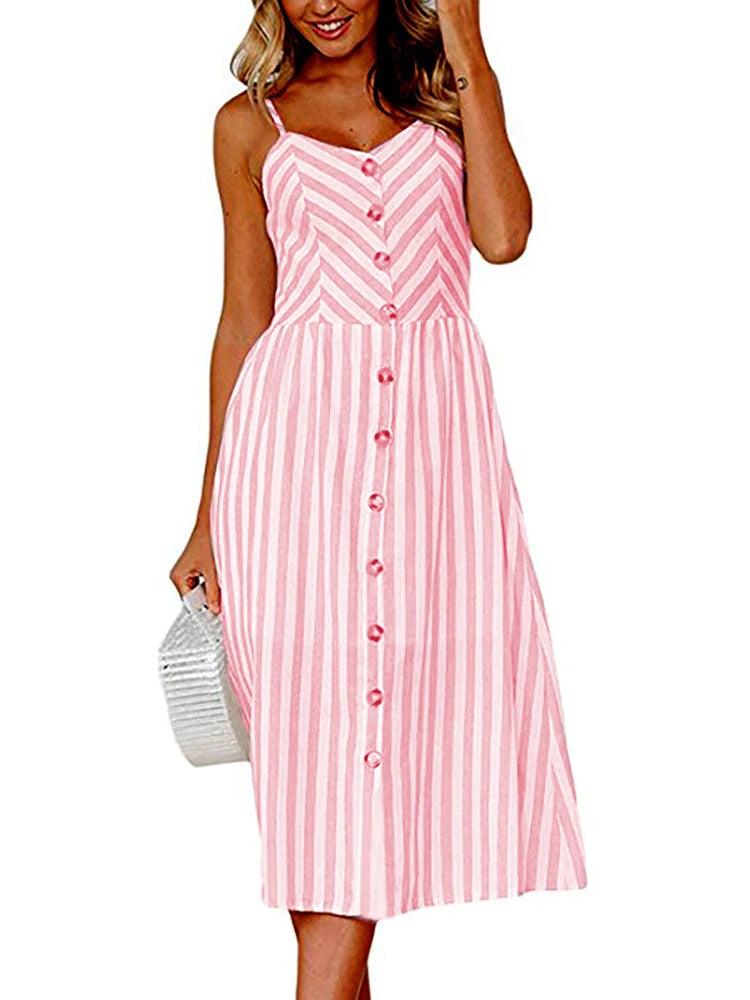 Elegance and Vintage Striped Floral Button-Up Boho Midi Sundress - JVMCL