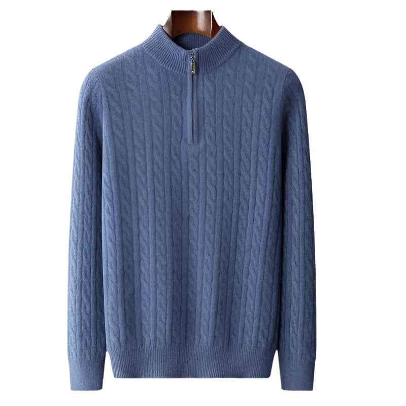 Thick Padded Knit Zipper Collar Pullover Men’s 100% Merino Cashmere Sweater - JVMCL