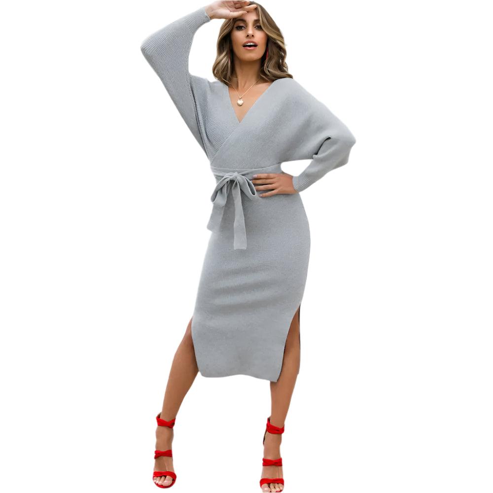 Cross-Border Fashion Lace-Up Knitted Dress – Sexy Slim Fit V-Neck Midi Sweater Dress for Women - JVMCL