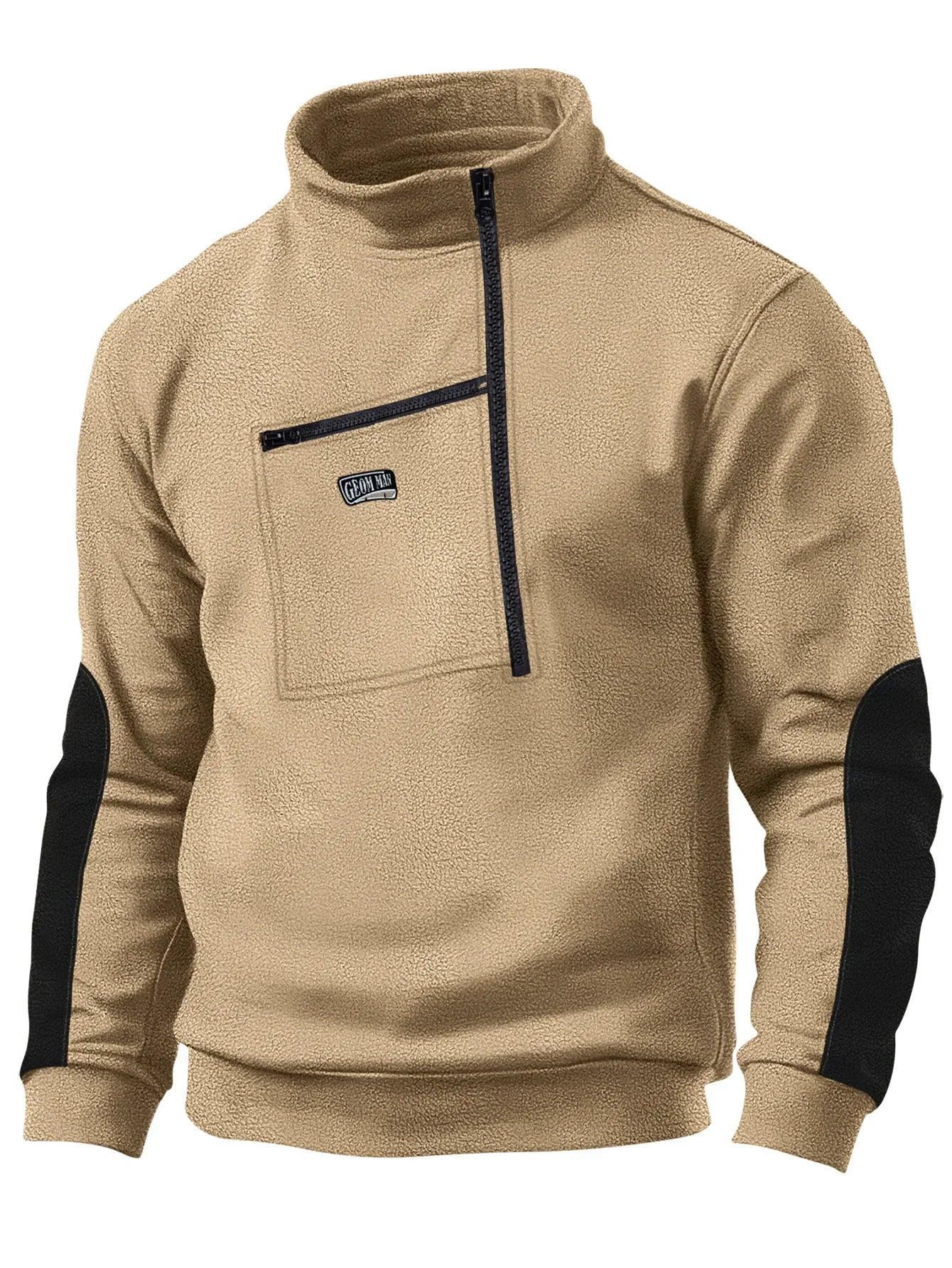 Half-Zip Long Sleeve Men’s Fleece Stand Collar Tactical Sweatshirt with Pocket - JVMCL