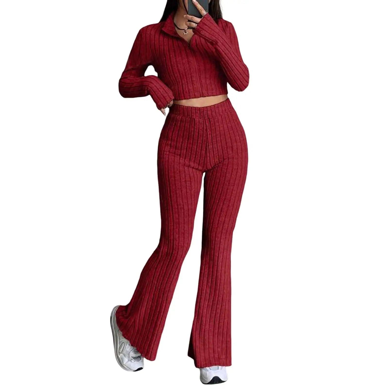 2 Pcs/Set Knitted Cozy andStylish Elegant Half-High Collar & Flare Pants Set - JVMCL