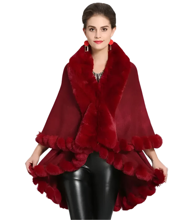 Women's Winter Knitted Poncho Cloak – Faux Rex Rabbit Fur Collar Pashmina Wrap