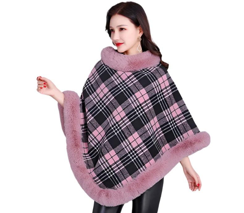 Party Outfit Grey Grid Winter Thick Warm Poncho with Faux Rabbit Fur Collar - JVMCL