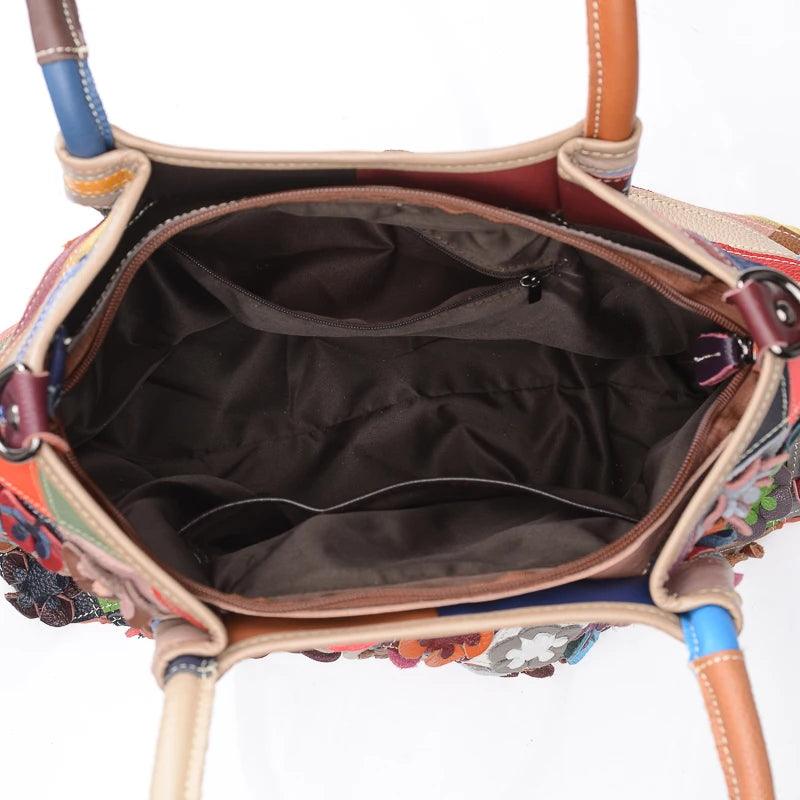 Multi-Colorful Real Leather Floral Tote – Luxury & Artistic Elegance - JVMCL