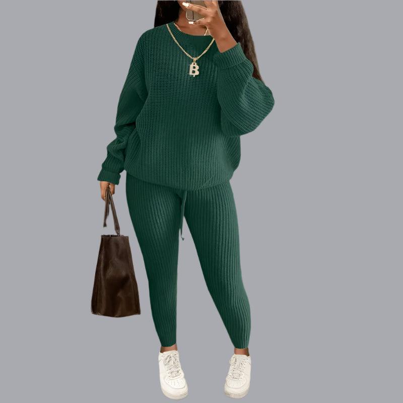 Two-Piece Knitted Autumn Women's Casual Loose Fit Outfit Sweater & Pants Set - JVMCL