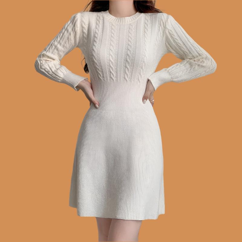 Chic Feminine Korea Winter Spring Women Office Lady O-Neck Knitted Sweater Dress - JVMCL