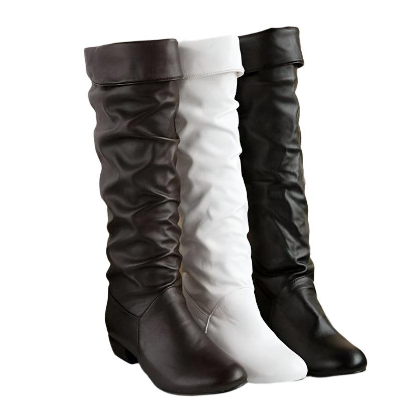 Women's PU Leather Knee-High Boots - Winter Casual Fashion Low-Heel Slim Boots - JVMCL