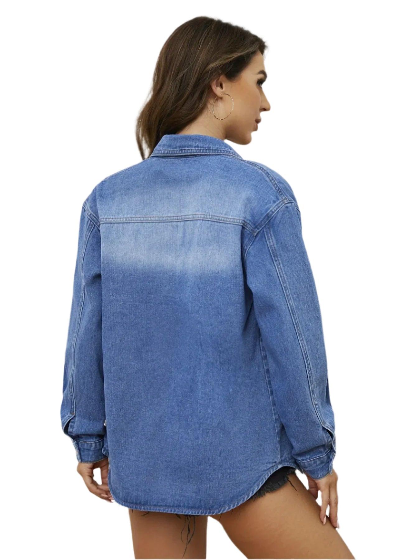 Long Sleeve Fashion Curved Mid-Length Denim Jeans Shirt Coat; S-XL - JVMCL