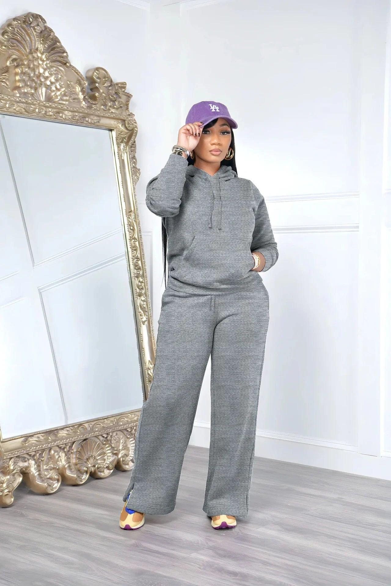 Women’s Hooded Top and Wide-Leg Pants Sport Two-Piece Winter Outfit Tracksuit - JVMCL