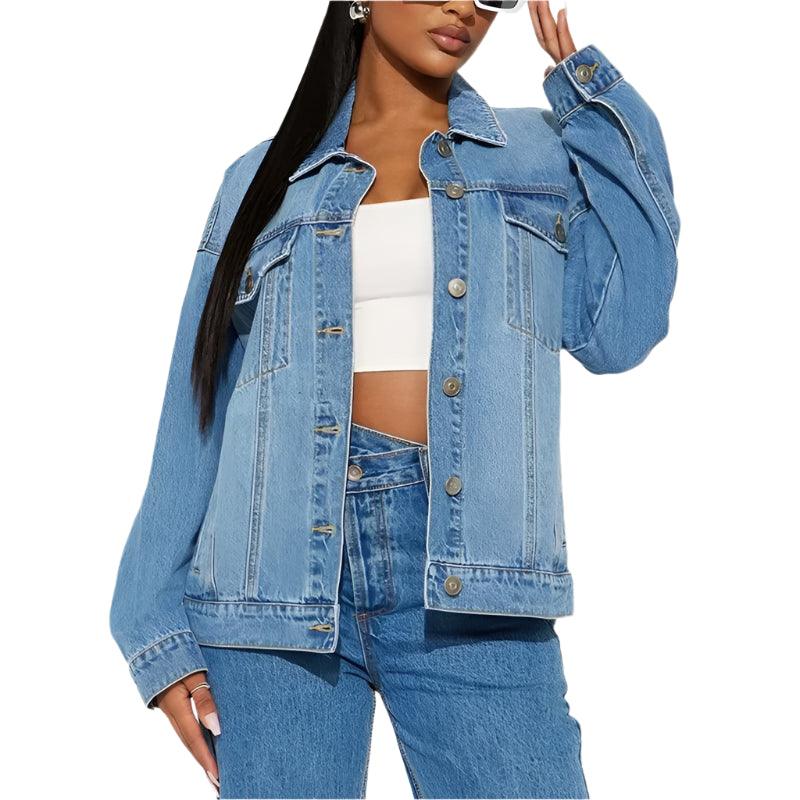 Spring Autumn Casual Loose Denim Jacket for Women-Multiple Pockets Cardigan Coat - JVMCL