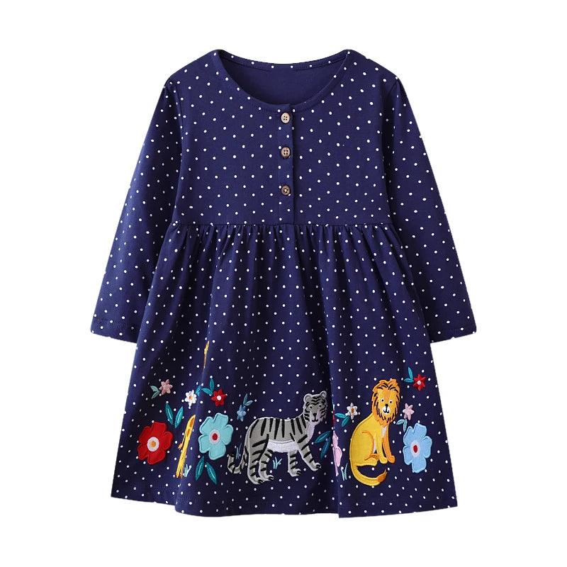 Little Maven Embroidered Cartoon Animal Dress – Cozy Cotton Outfit for Girls - JVMCL