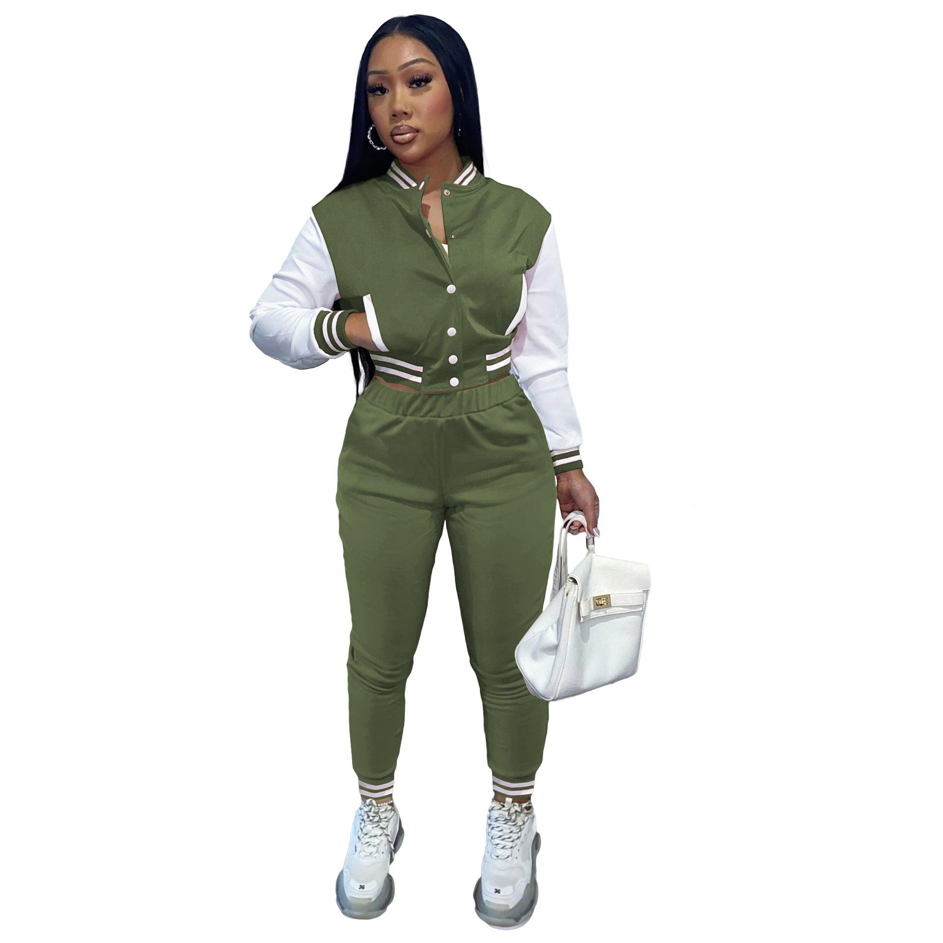 Color-Blocking Women's Two-Piece Baseball Jacket Suit - Casual Splicing Design - JVMCL