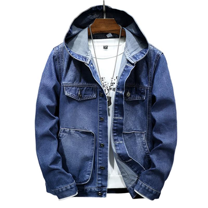 Men's Hooded Denim Jacket - Windproof Casual Coats, Large Pocket Sports Denim Jackets Solid Fashion Streetwear - JVMCL