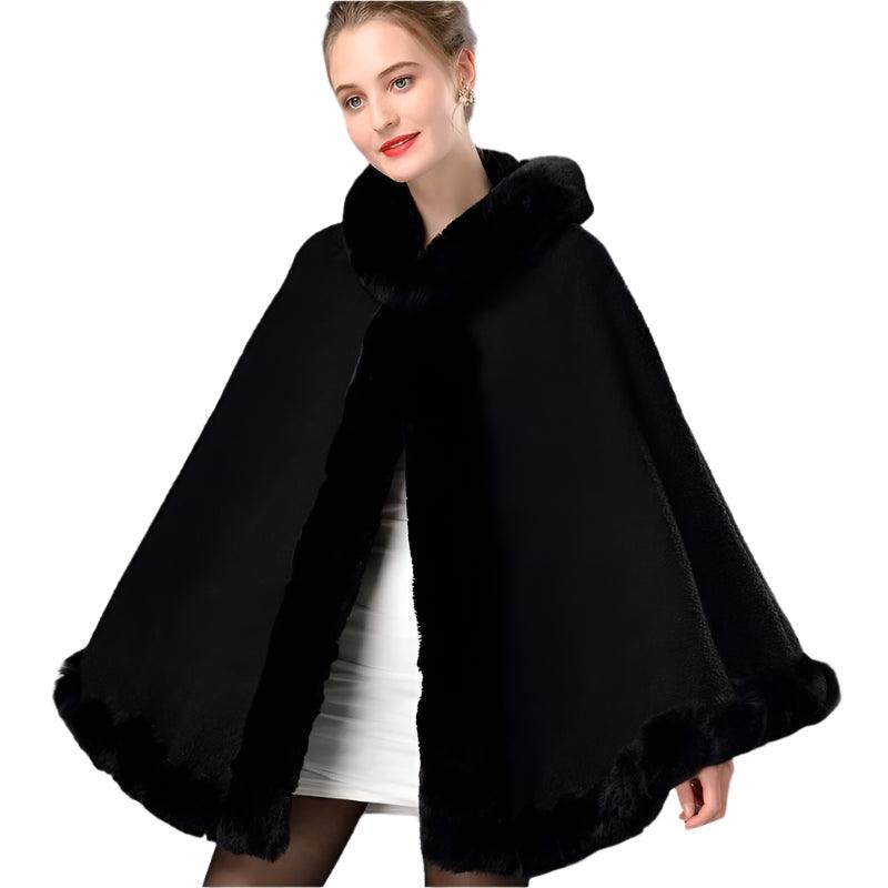 Luxury Winter Rabbit Fur Collar Poncho Cape – Elegant & Cozy Outstreet Mantle - JVMCL