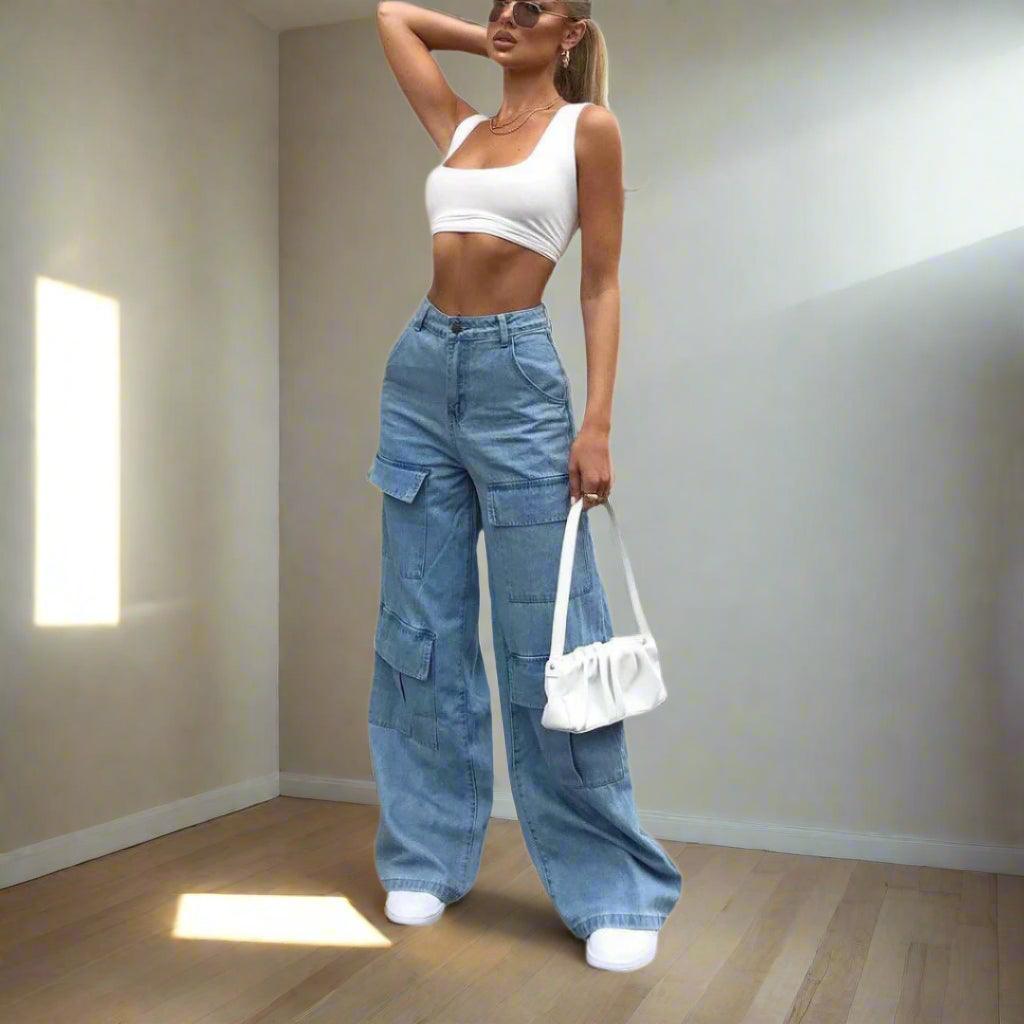 Women's Wide-Leg Cargo Denim Pants – High Street Style for Spring/Summer - JVMCL