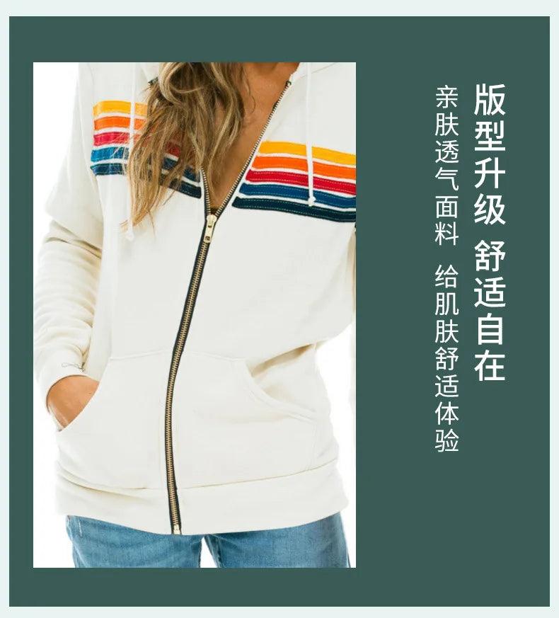 Aviator Nation 5 Stripe Rainbow Hooded Sweatshirt– Slim Fit Fleece Zip-Up Jacket - JVMCL