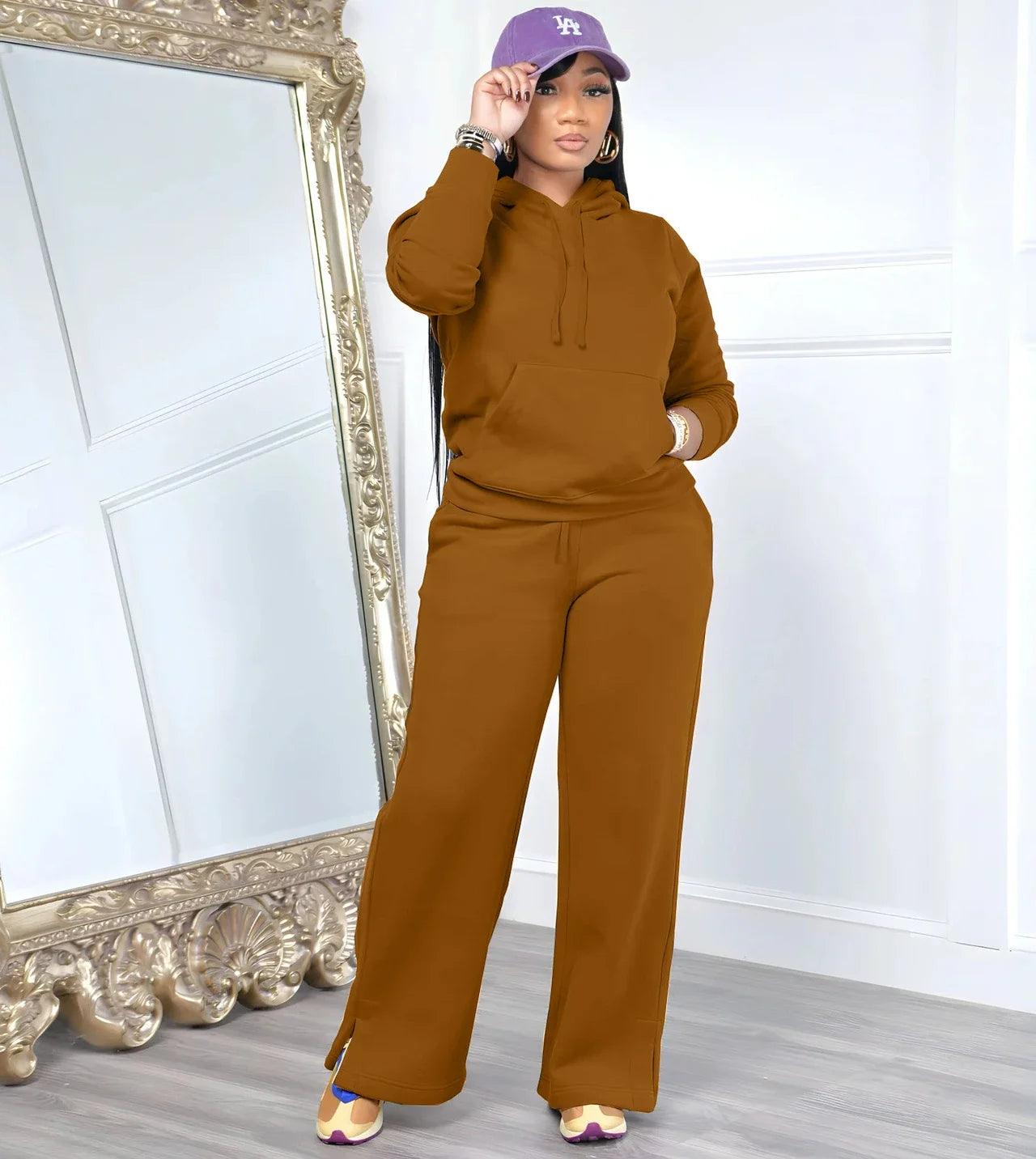 Women’s Hooded Top and Wide-Leg Pants Sport Two-Piece Winter Outfit Tracksuit - JVMCL