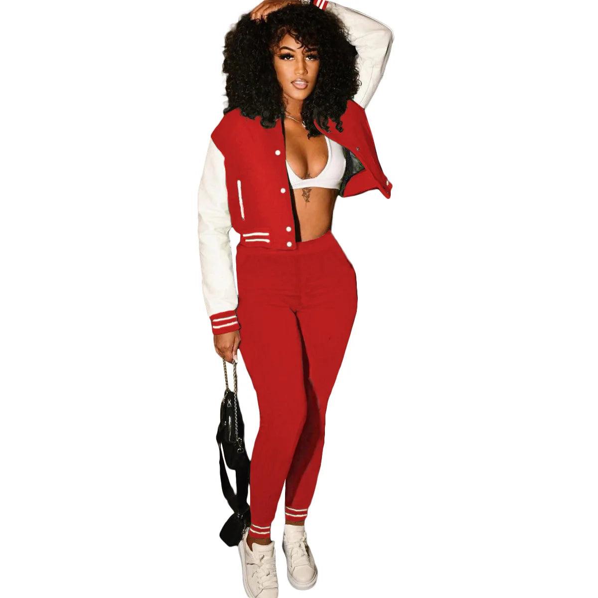 Color-Blocking Women's Two-Piece Baseball Jacket Suit - Casual Splicing Design - JVMCL