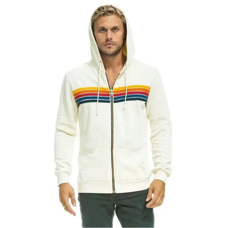 Aviator Nation 5 Stripe Rainbow Hooded Sweatshirt– Slim Fit Fleece Zip-Up Jacket - JVMCL