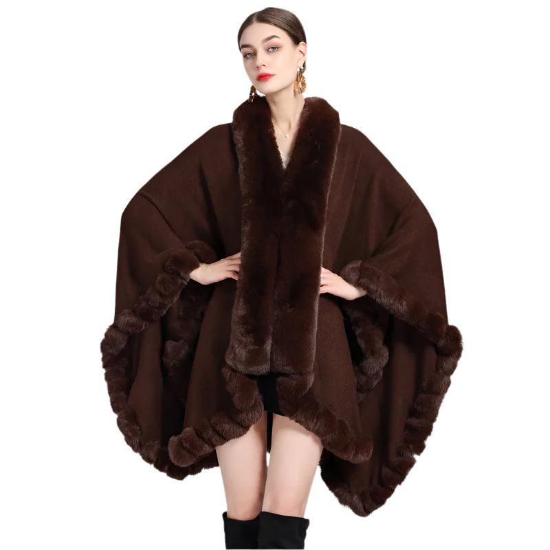 Women's Winter Thicken Shawl - Faux Rabbit Fur Long Poncho Cape Cloak - JVMCL