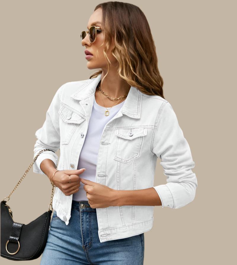 Women's Short Slim Denim Jacket -Casual Fall/Winter Jean Coat with Patch Details - JVMCL