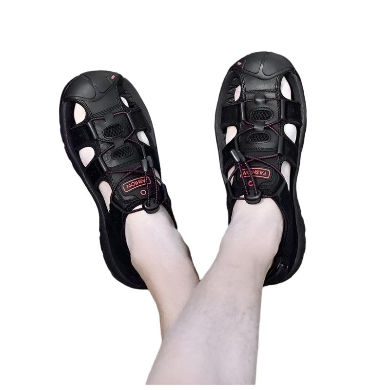 Hollow Breathable Genuine Leather Men's Slippers Outdoor Sandals - JVMCL