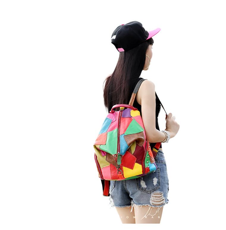 Genuine Leather Patchwork Backpack – Stylish & Spacious for Travel & Daily Use - JVMCL