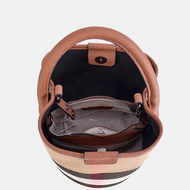 Fashionable Bucket Purse Crossbody Bag with Soft Cow Leather & Canvas Design - JVMCL