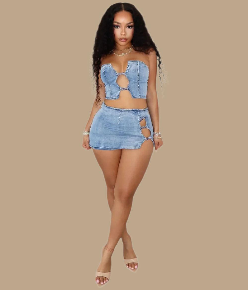 Women Set: Sleeveless Denim Strapless Tops and Mini Skirt Suits - JVMCL