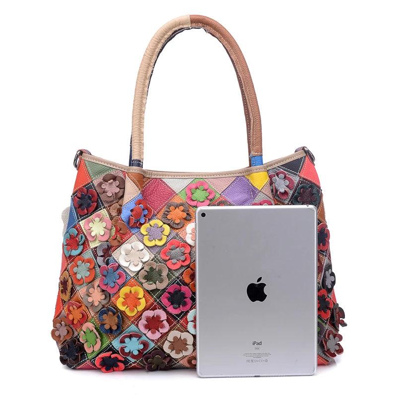 Multi-Colorful Real Leather Floral Tote – Luxury & Artistic Elegance - JVMCL