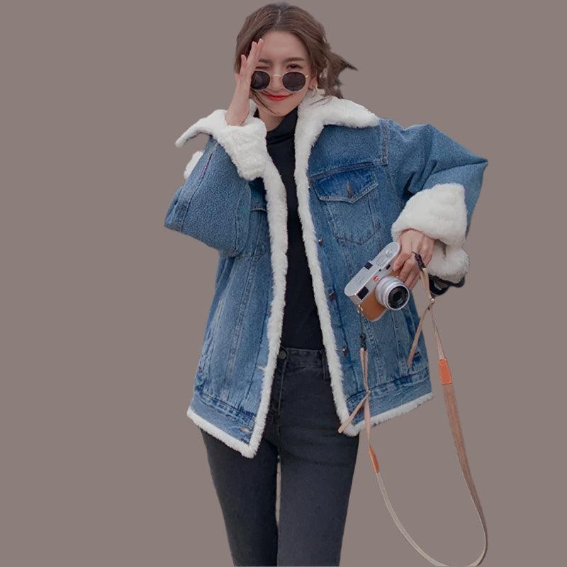 Velvet-Thickened Lamb Wool Denim Jacket for Women –Korean Style Winter Outerwear - JVMCL