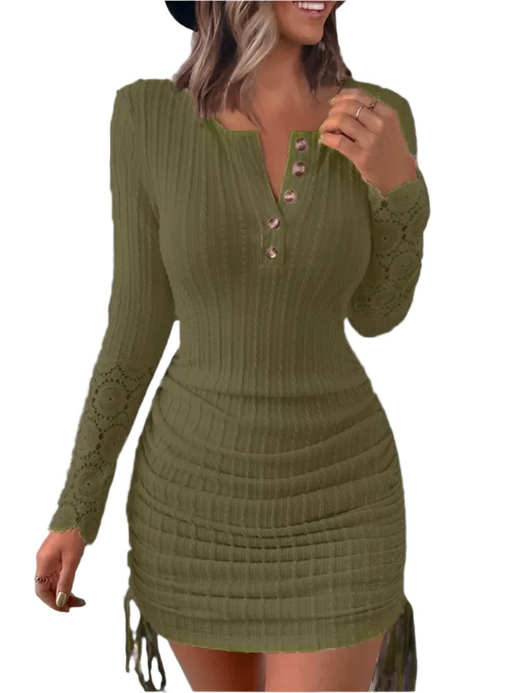 Fashion V-Neck Lace – Long Sleeve Knitted Hip Wrap Bodycon Midi Dress for Women - JVMCL