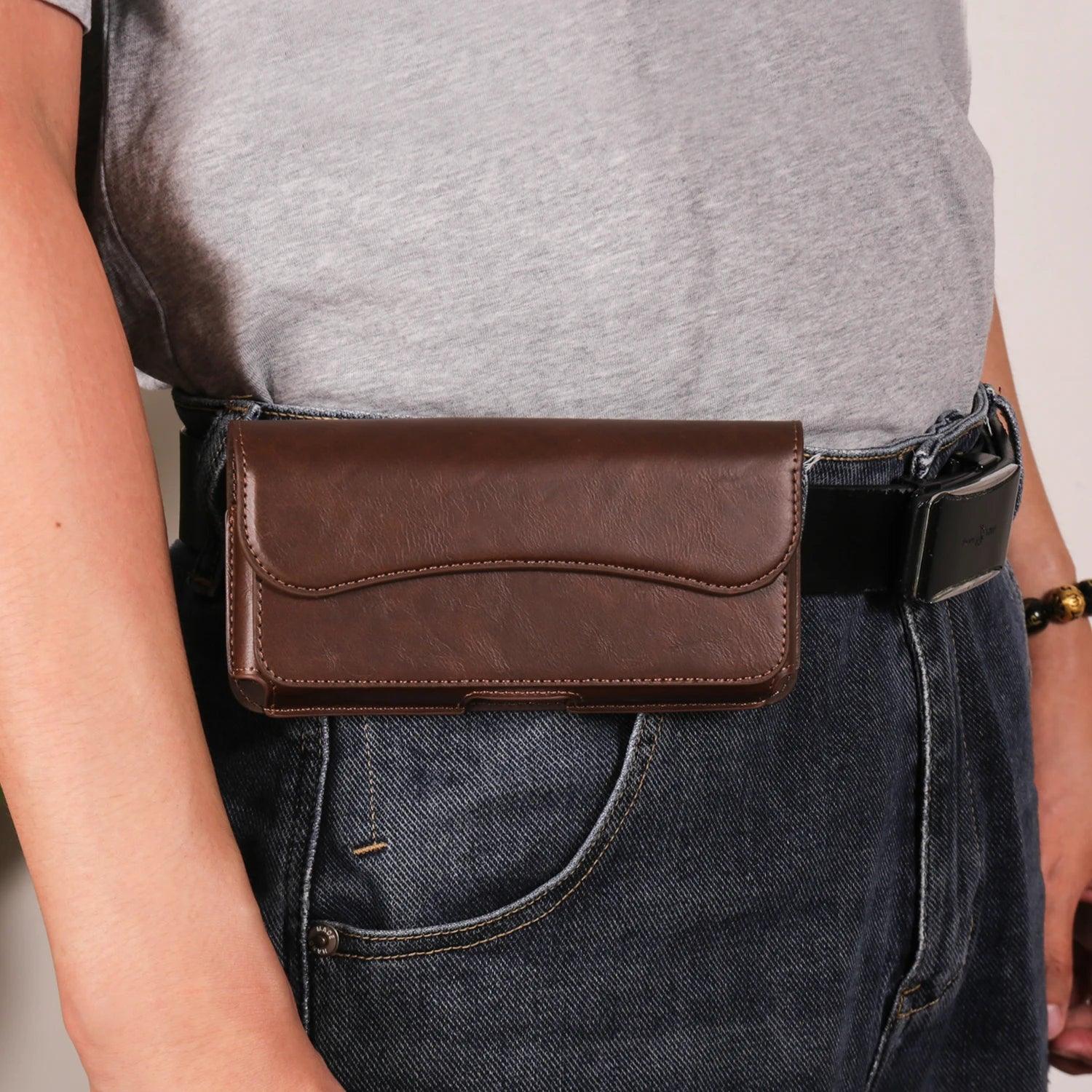 Crazy Horse Leather Horizontal Waist Phone Bag Pouch for Large Smartphones