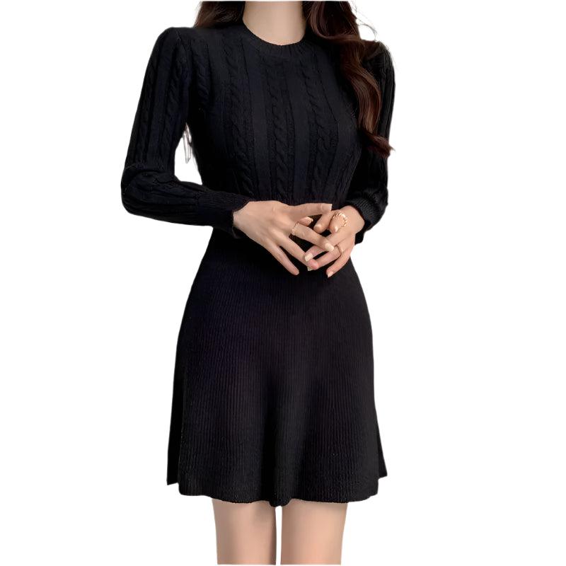 Chic Feminine Korea Winter Spring Women Office Lady O-Neck Knitted Sweater Dress - JVMCL