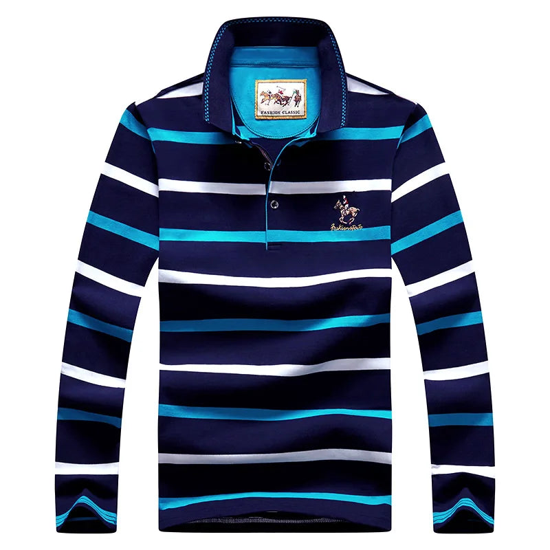 Men’s Cotton Long-Sleeve Striped Polo Shirt – Casual Business Fashion Sweater