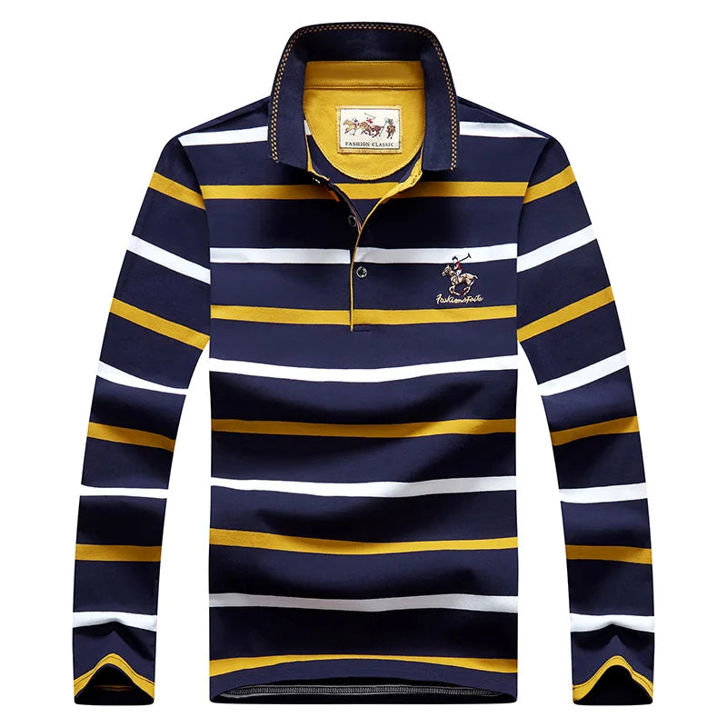 Men’s Cotton Long-Sleeve Striped Polo Shirt – Casual Business Fashion Sweater