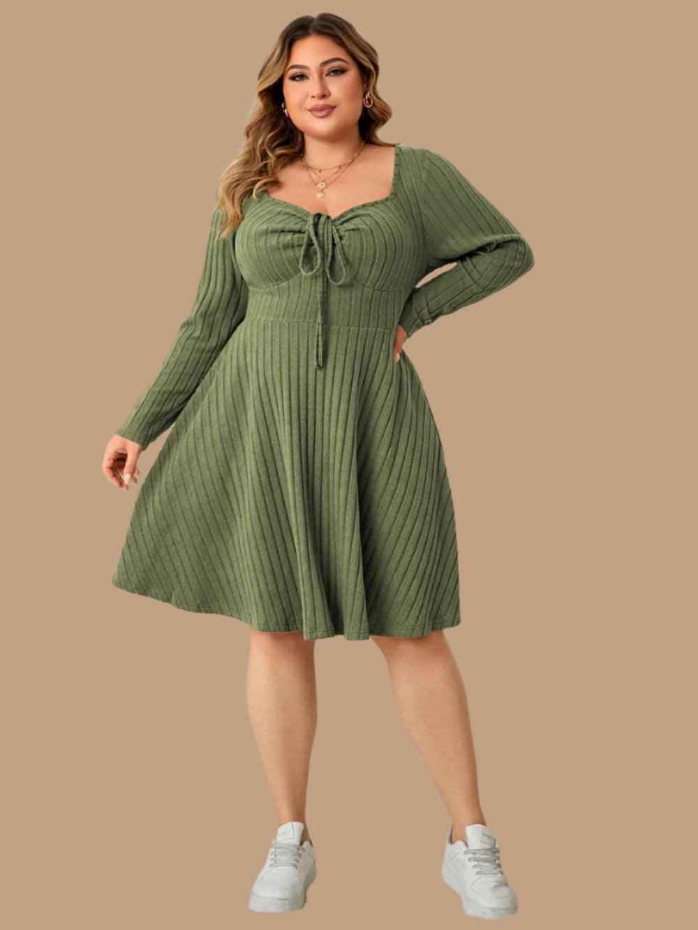 Long Sleeve Ribbed Plus Size Sweetheart Neck Knot Front A-Line Dress - JVMCL