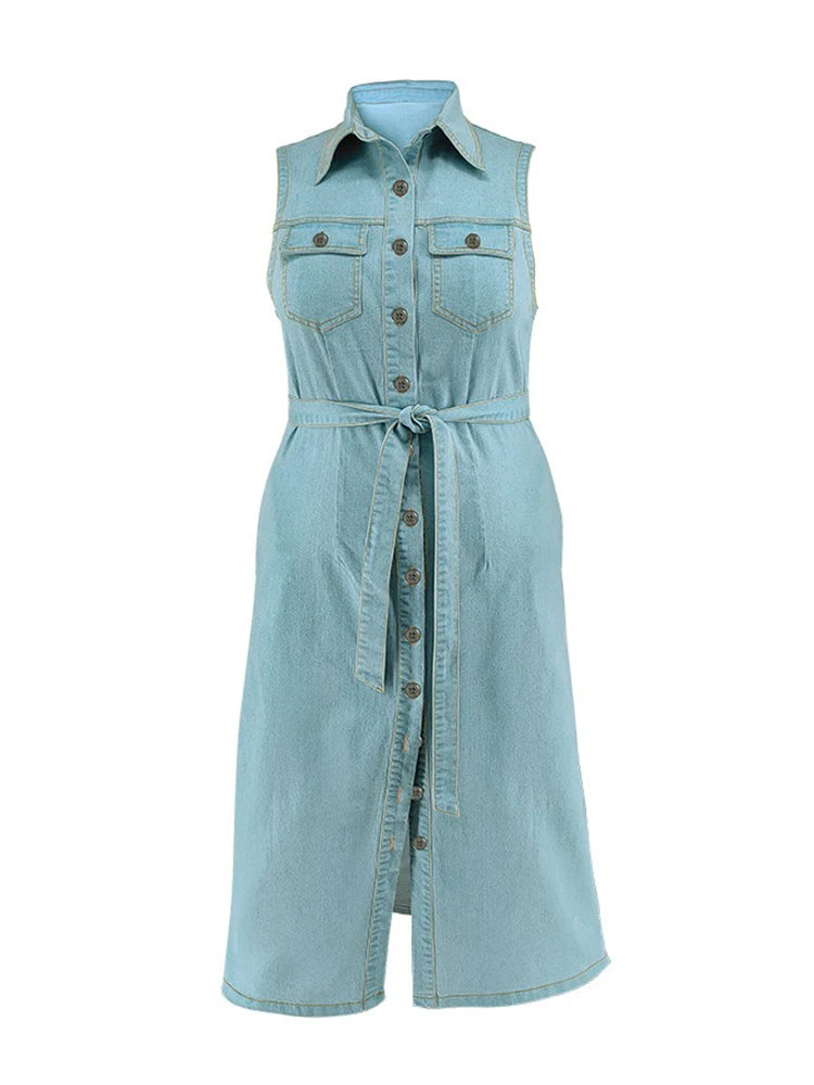 Elegant Chic Comfortable Sky Blue Sleeveless Denim Summer Fashion Maxi Dress