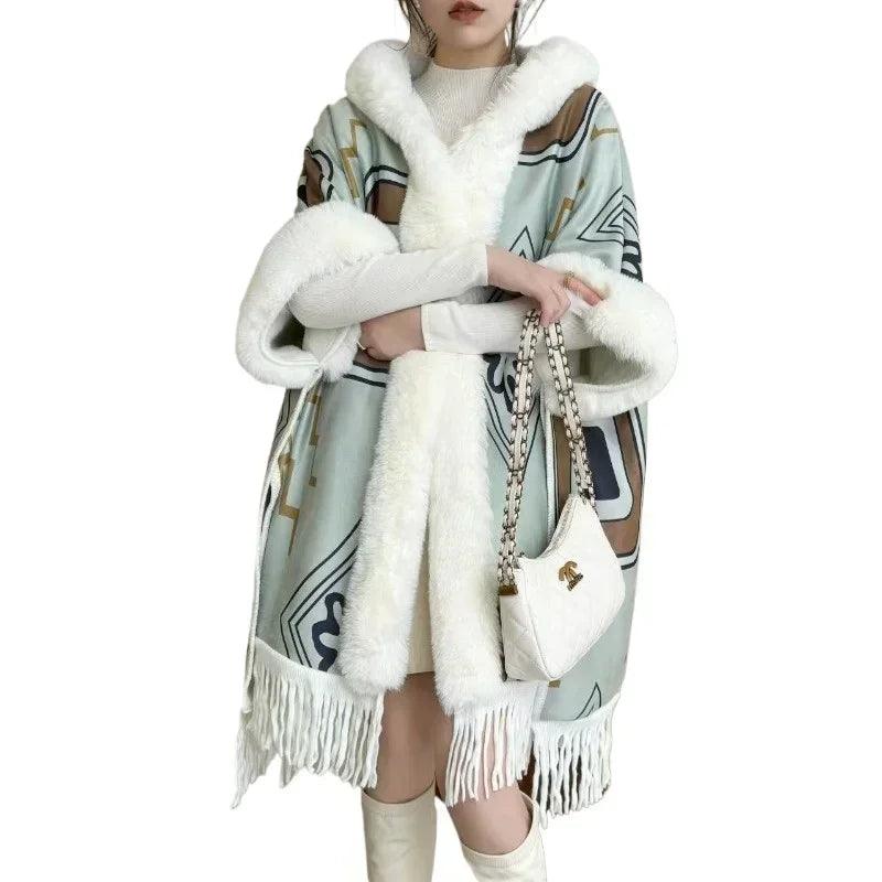 Luxury Woolen Hooded Cloak – Fall/Winter Fur Collar Poncho for Women - JVMCL