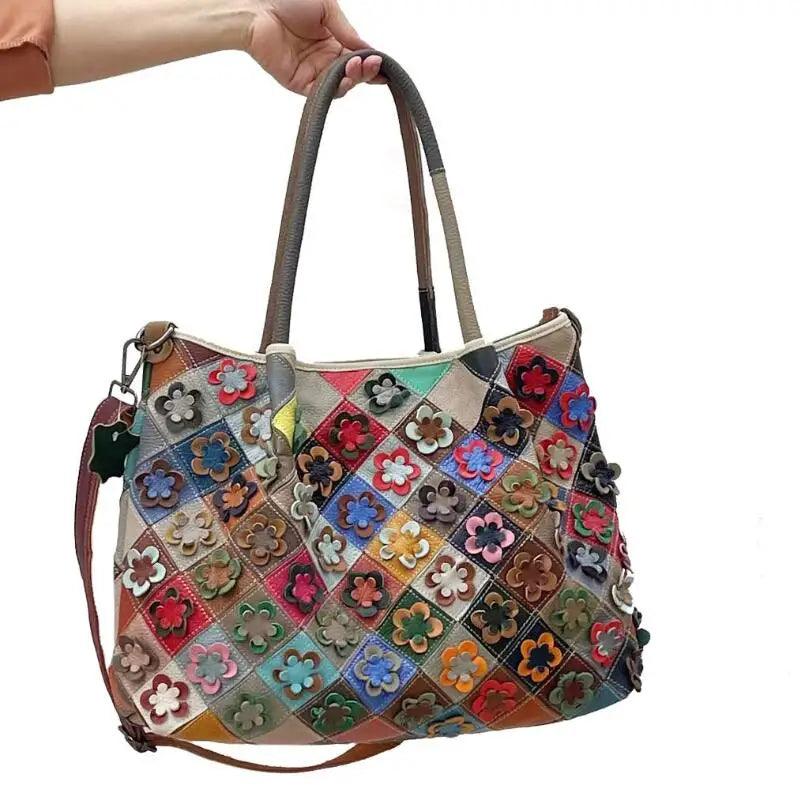 Multi-Colorful Real Leather Floral Tote – Luxury & Artistic Elegance - JVMCL