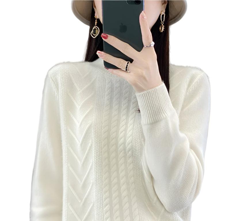 Long-Sleeved -High-Necked Twisted Knit Wool Pullover Sweater for Autumn/Winter - JVMCL