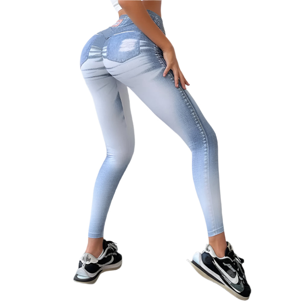 Zipper Denim Print High-Waist Push-Up Leggings – Stylish & Sporty Workout Tights - JVMCL