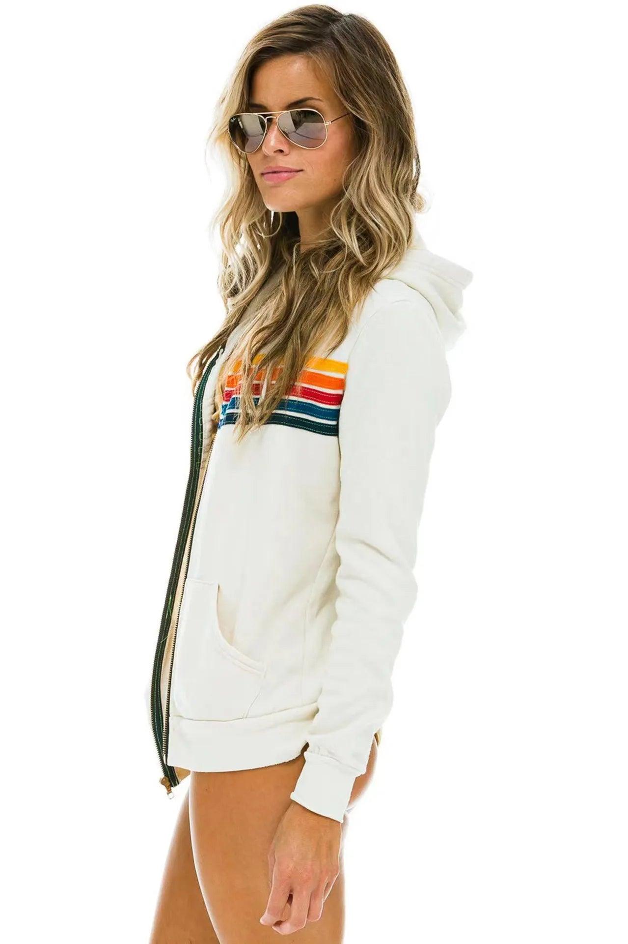 Aviator Nation 5 Stripe Rainbow Hooded Sweatshirt– Slim Fit Fleece Zip-Up Jacket - JVMCL