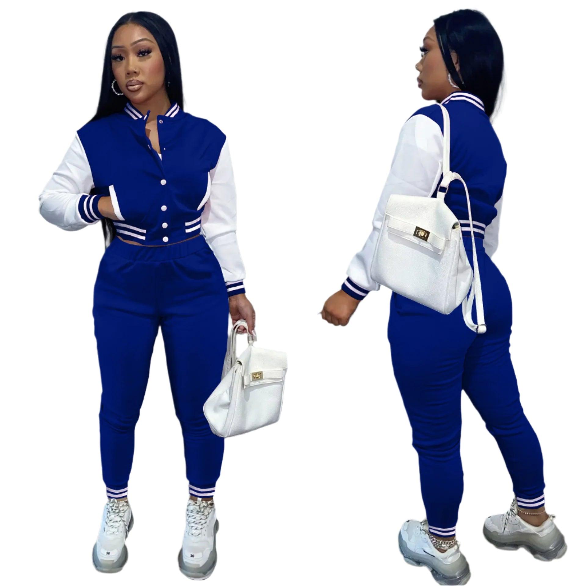 Color-Blocking Women's Two-Piece Baseball Jacket Suit - Casual Splicing Design - JVMCL