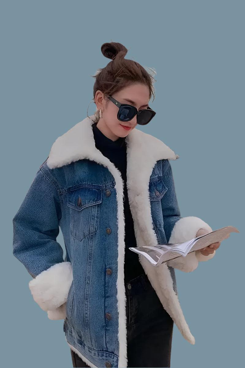 Velvet-Thickened Lamb Wool Denim Jacket for Women –Korean Style Winter Outerwear - JVMCL