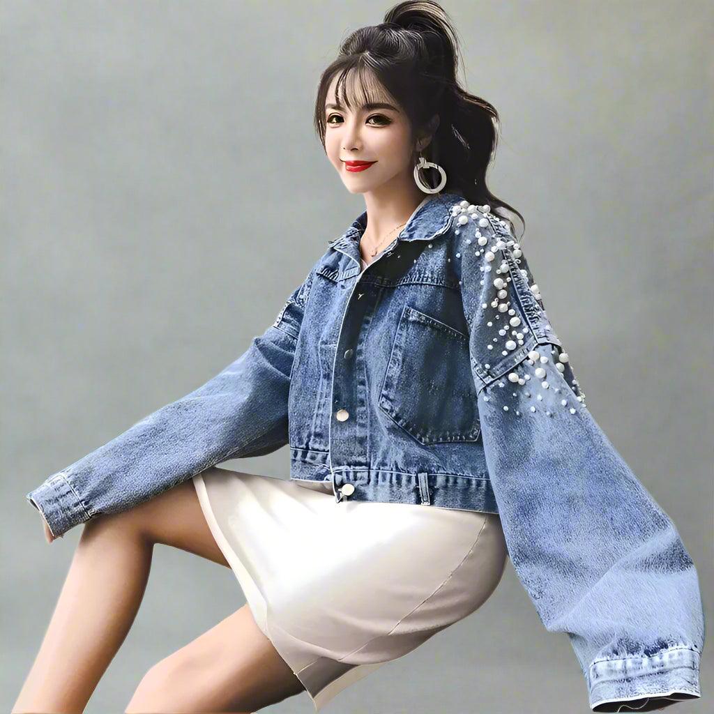 Small Embroidered Short Outerwear Denim with Beads & Pearls Jacket Jean Coat - JVMCL