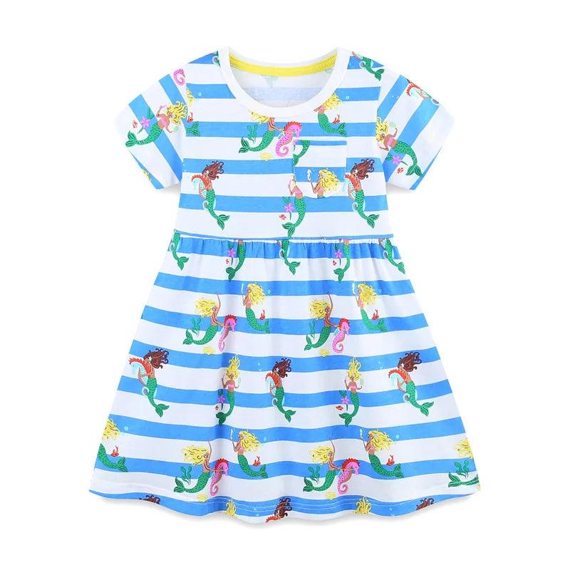 Adorable Bees Applique Striped Princess Dress – Summer Cotton Frock for Girls - JVMCL