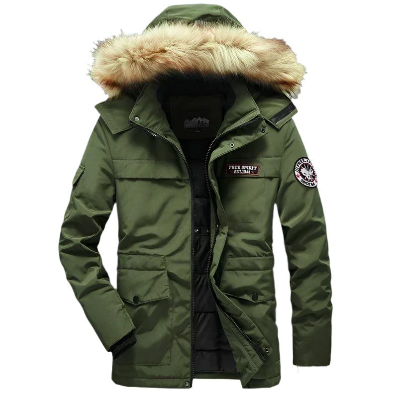 Men's Winter Camouflage Cargo Jacket - Thick Warm Parka with Fur Hood - JVMCL