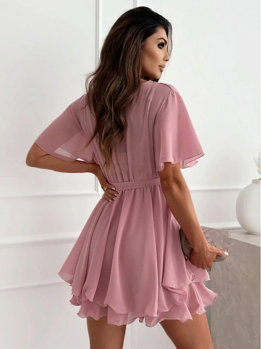 Sexy V-Neck Cross Strap Mini Chiffon Dress – Elegant Summer Party Dress for Women - JVMCL