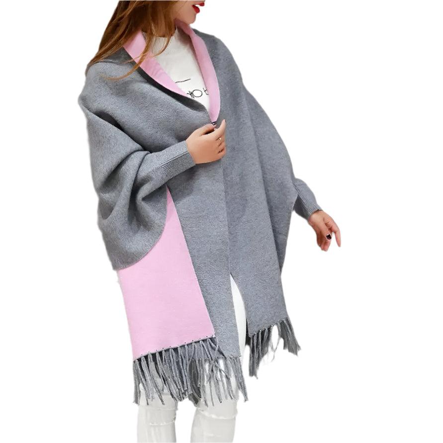 Autumn Winter Fashion Lady Tassel Knitted Shawl Sweater Women Solid Tassel Batwing Sleeve Poncho Cardigan wrap swing - JVMCL